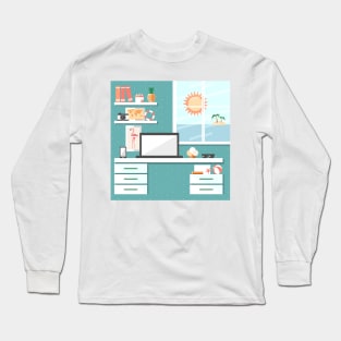 Summertime office interior cartoon illustration Long Sleeve T-Shirt